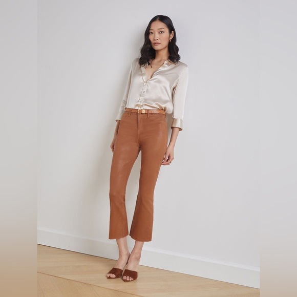 L’AGENCE Jeans Kendra Coated Cropped Flare Java Tan Denim Women Size 25 NWOT NEW - Picture 2 of 12